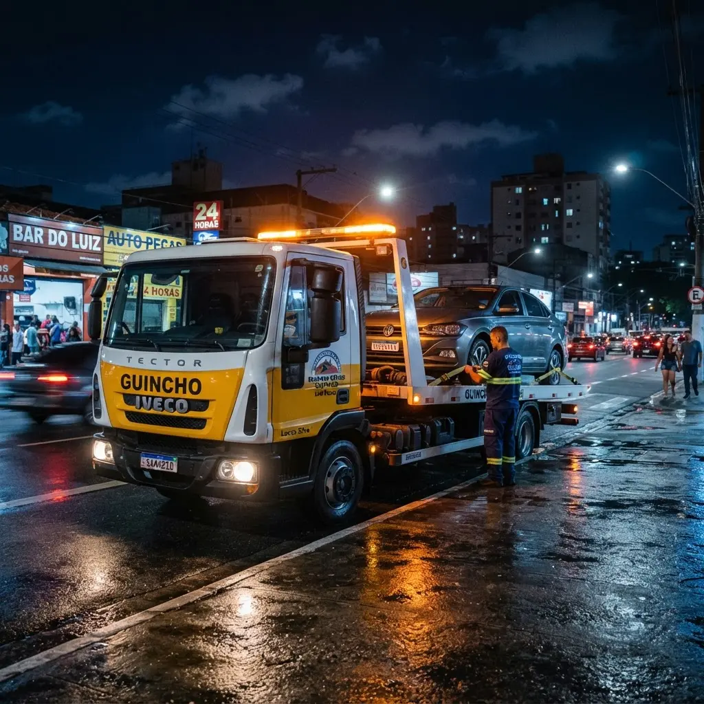 Caminhão plataforma em atendimento noturno